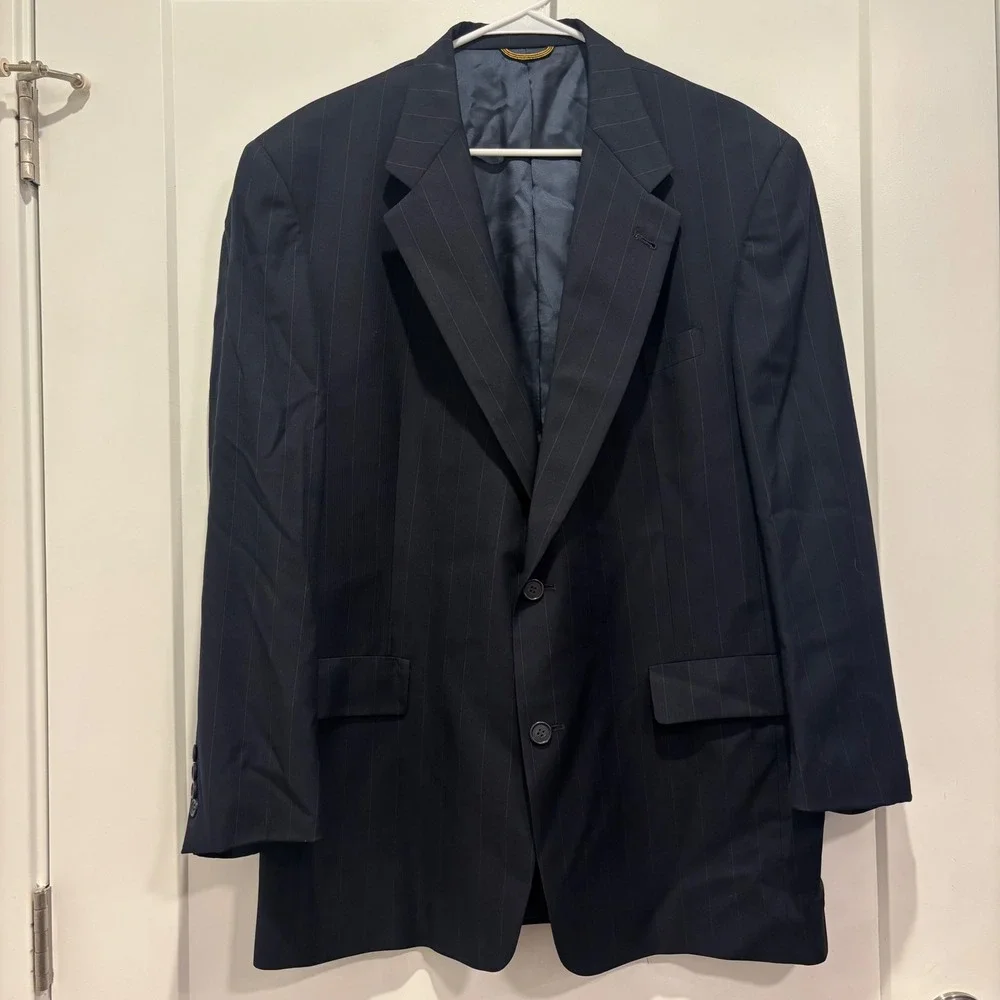 Hart Schaffner Marx Gold Trumpeter Navy Pinstripe Wool Blazer Mens 44R Jacket